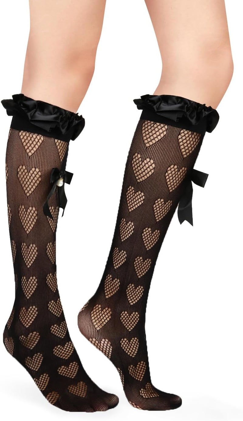 Benefeet Sox Lace Fishnet Knee High Socks Women Girls Ruffle Mesh Knee Highs Lolita Socks Fishnet Stockings - Image 2